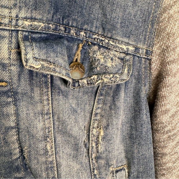 Free People Denim/Knit Hoodie Jacket Distressed Size Small - Picture 7 of 16